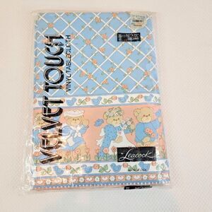 Vintage 80s Vinyl Tablecloth Lucy and Me Bears Blue Pink Oblong 52x70